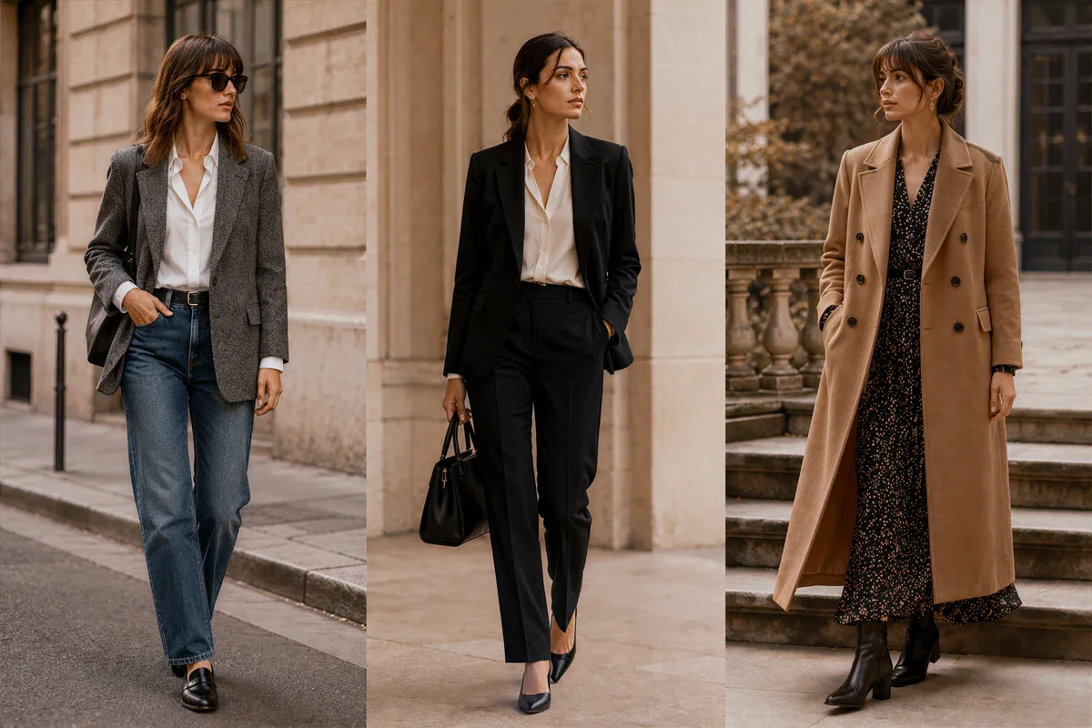 Trois looks féminins élégants avec blazer et manteau long