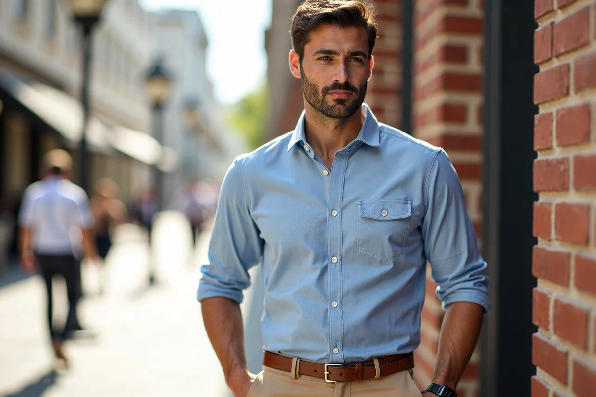 Homme portant un chino beige avec une chemise bleu clair