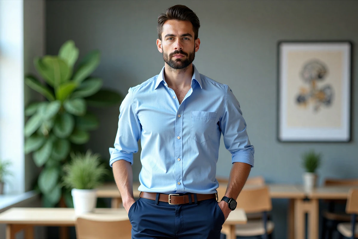 Homme en chino bleu marine et chemise bleu clair