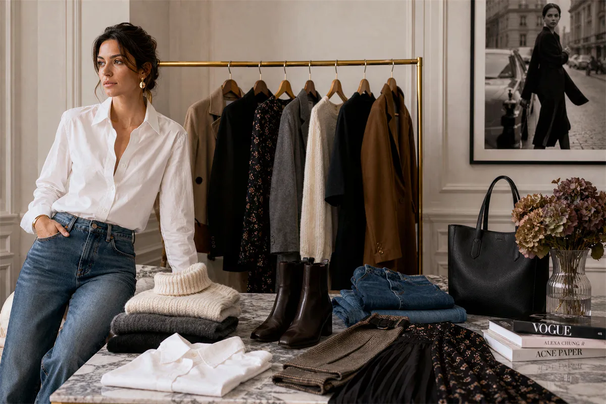 Dressing féminin élégant avec chemise blanche, jean, maille, robe et manteaux