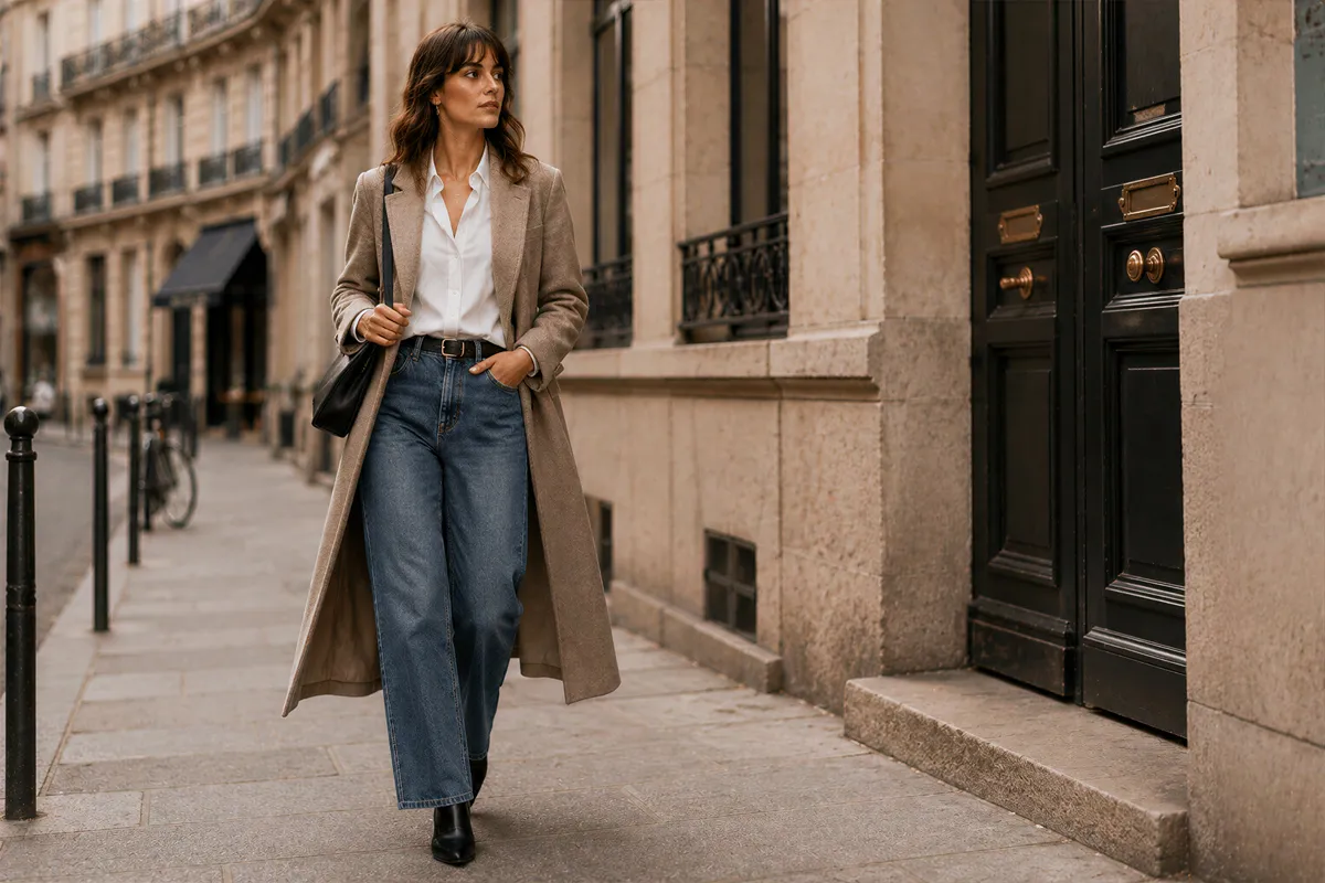 Femme portant un jean wide leg taille haute avec un manteau long