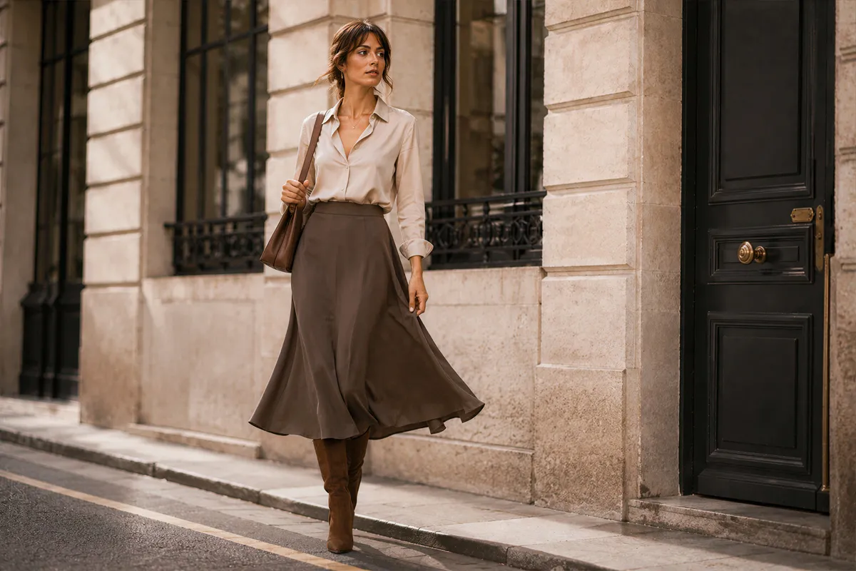 Femme élégante portant une jupe midi fluide et un chemisier