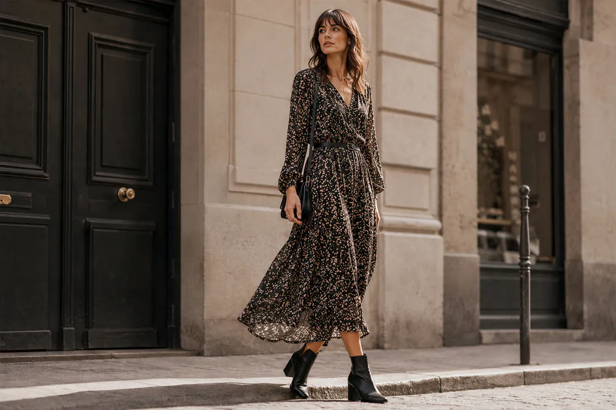 Femme portant une robe fluide imprimée avec des bottines