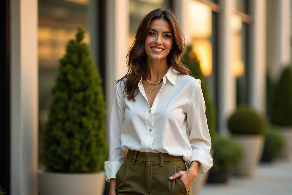 Femme en chemise blanche et pantalon kaki