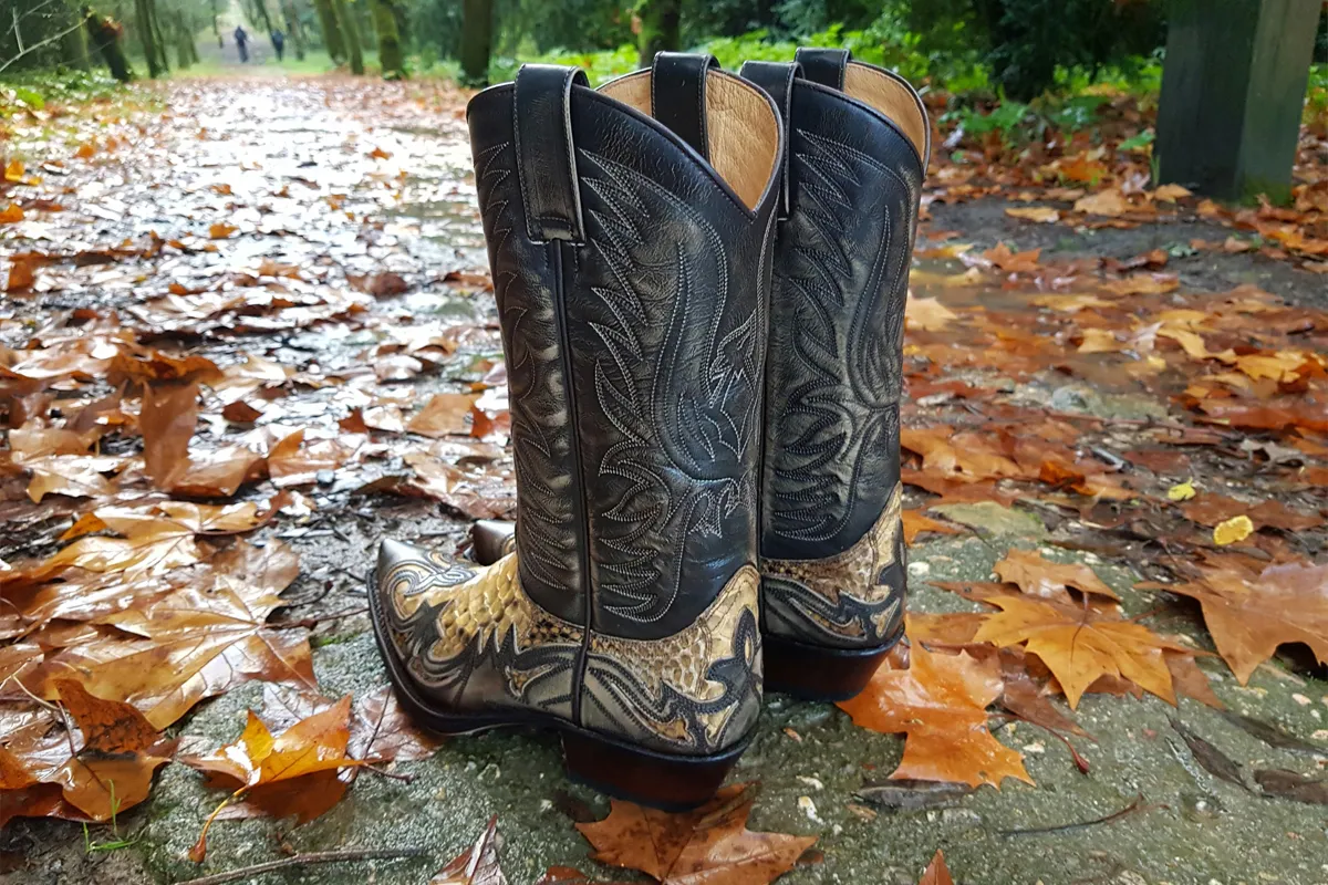 Paire de bottes santiags noires en cuir brodé, posée sur un chemin couvert de feuilles d’automne