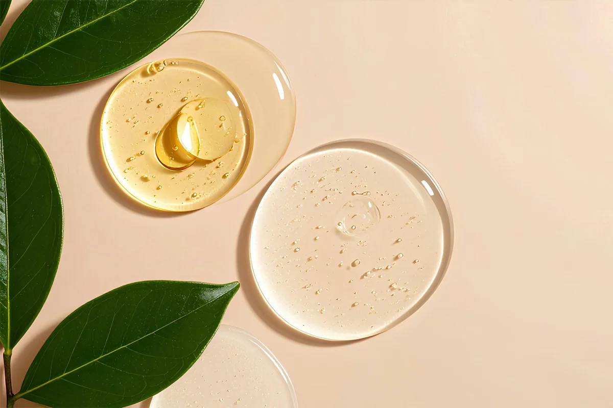 Textures de gels et sérums cosmétiques entourées de feuilles vertes